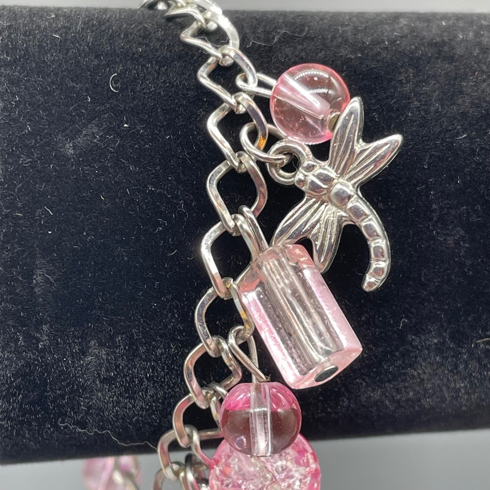 Silver Tone Dragonfly Butterfly Charm Bracelet Pink Glass‎ Beads Adjustable 9in